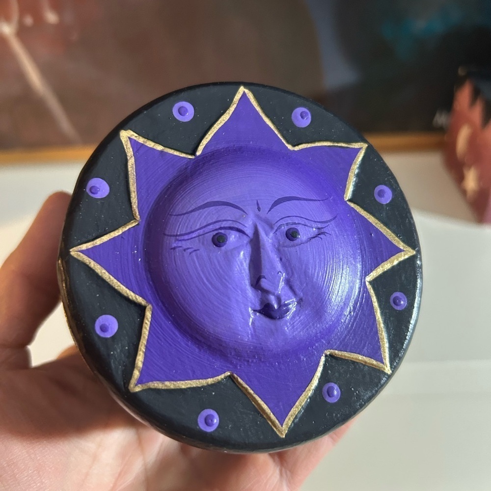 Celestial Painted Sun and Moon Purple Black Gold Wood Round Trinket Box Jewelry